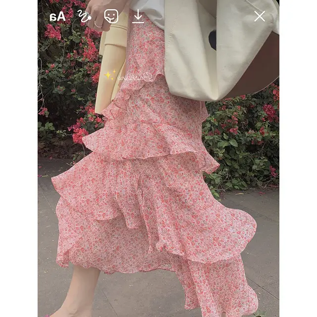 Chiffon Temperament High Waist A line Green Mid length Skirt Pink - Shop at LoveMi