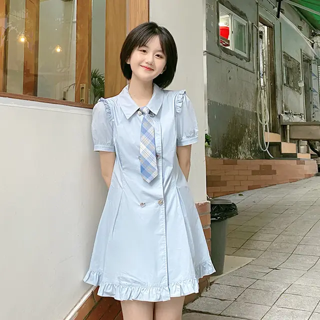 Bubble Short sleeved Shirt Dress Female Student Blue - Shop at LoveMi