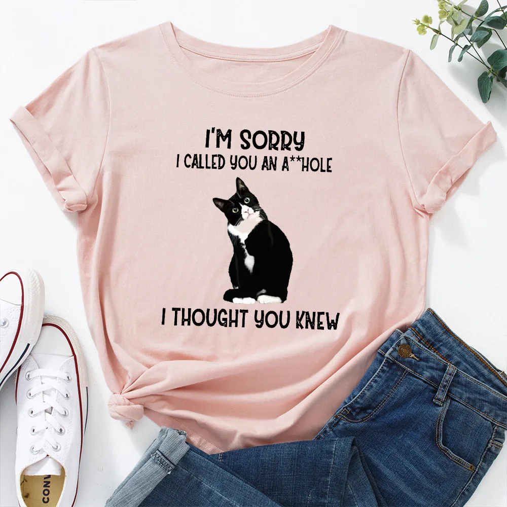 Beautiful Women's Cute Letter Cat Print Loose Round Neck Short sleeved T shirt Women Light Pink - Shop at LoveMi