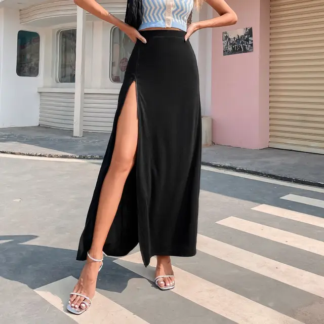 Side High Slit Solid Color High Waist Skirt Black - Shop at LoveMi