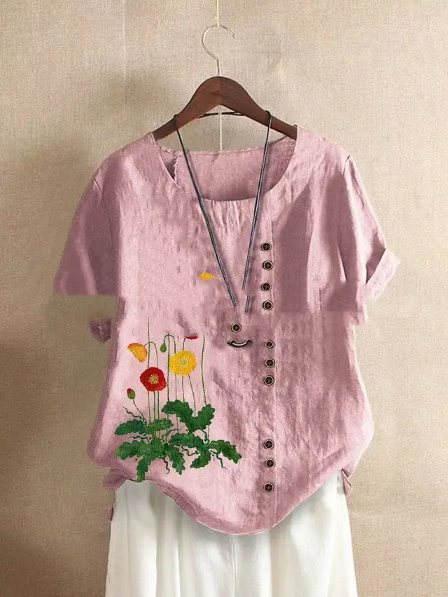 Retro Cotton And Linen Embroidered Button Shirt Women Style B - Shop at LoveMi