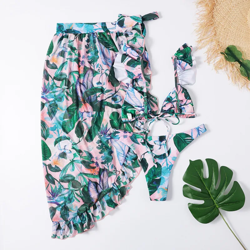 Split Mesh Three piece Printed Bikini Green - Shop at LoveMi