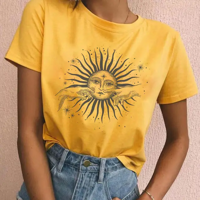 Summer Ladies Round Neck Print Short Sleeved T Shirt Yellow - Shop at LoveMi
