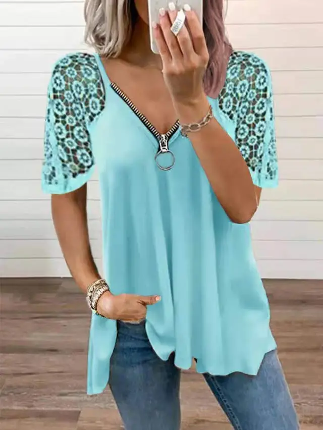 Lace Stitching Short sleeved Solid Color Loose T shirt Blue - Shop at LoveMi