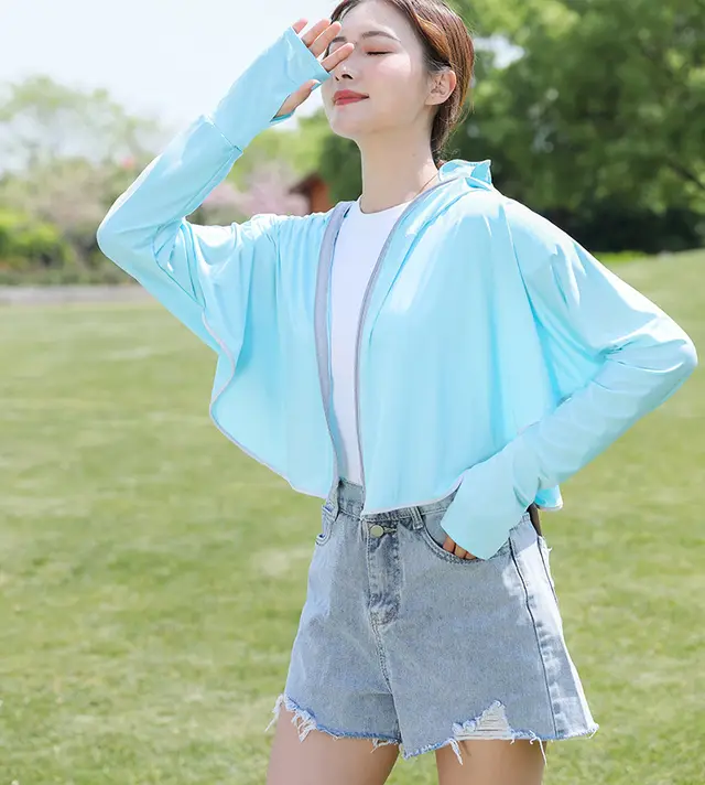 Anti ultraviolet Ice Silk Breathable Thin Hooded Short Coat Light Blue - Shop at LoveMi