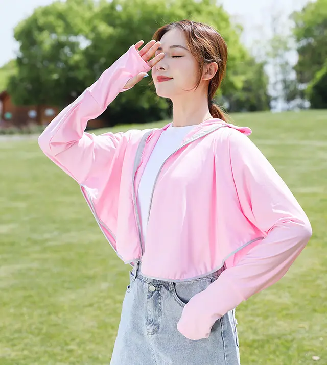 Anti ultraviolet Ice Silk Breathable Thin Hooded Short Coat Pink - Shop at LoveMi