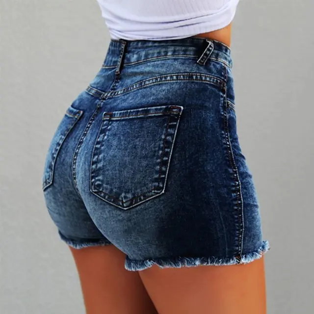 Women's Denim Shorts Fringed Hole High Waist Hot Pants Dark Blue - Shop at LoveMi