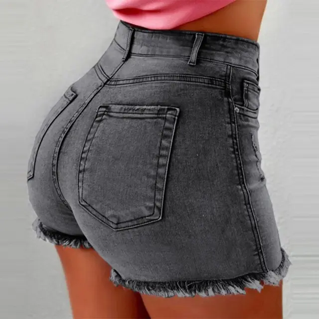 Women's Denim Shorts Fringed Hole High Waist Hot Pants Grey - Shop at LoveMi