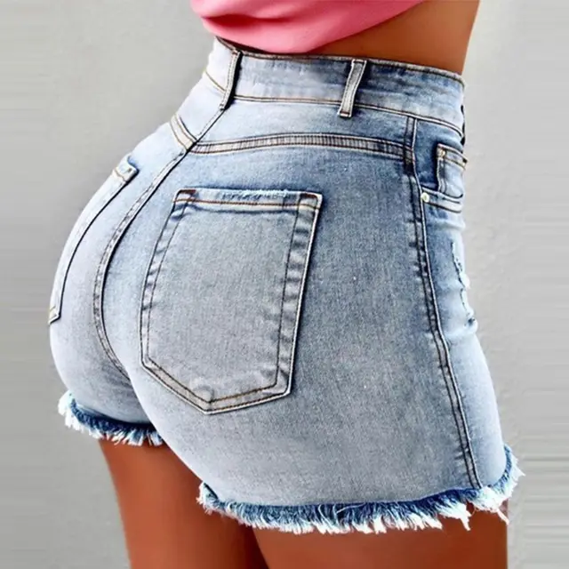Women's Denim Shorts Fringed Hole High Waist Hot Pants Light Blue - Shop at LoveMi