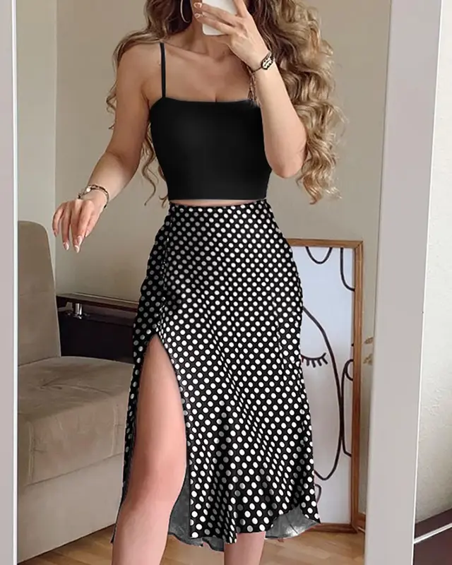 New Women's Sexy High Waist Bag Hip Slit Polka Dot Print Mid Length Skirt Black And White - Shop at LoveMi