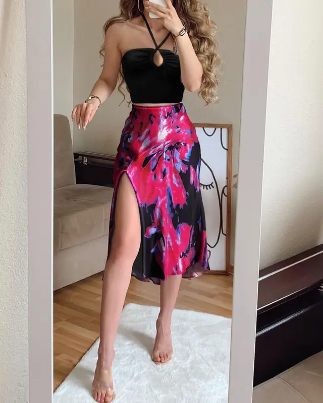 New Women's Sexy High Waist Bag Hip Slit Polka Dot Print Mid Length Skirt Black Red - Shop at LoveMi