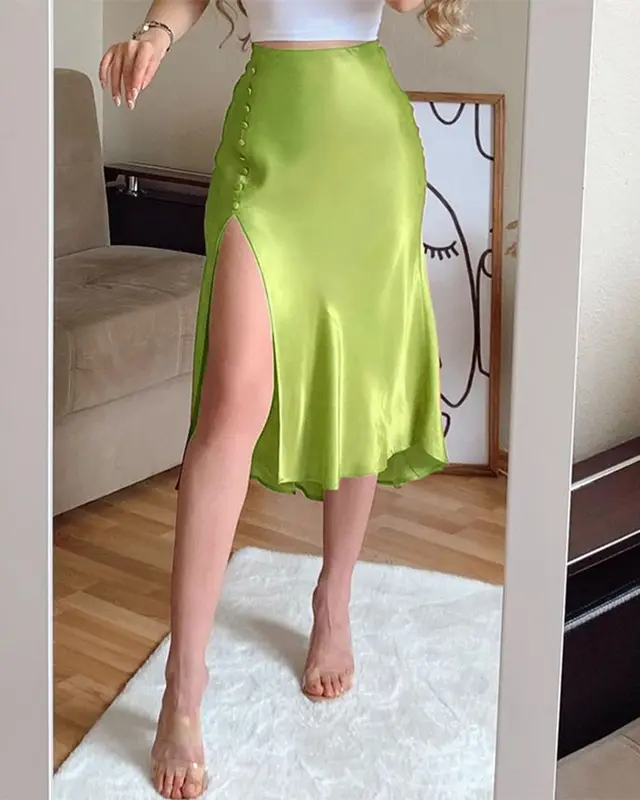 New Women's Sexy High Waist Bag Hip Slit Polka Dot Print Mid Length Skirt Green - Shop at LoveMi