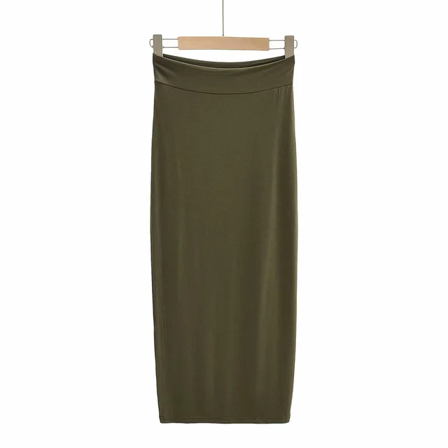 Solid Color High Waist Stretch Mid length Slim Skirt Green - Shop at LoveMi