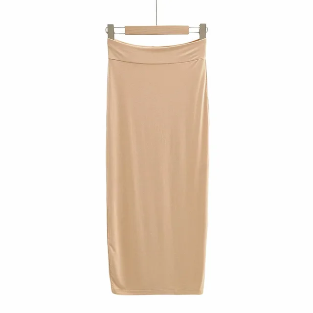 Solid Color High Waist Stretch Mid length Slim Skirt Khaki - Shop at LoveMi
