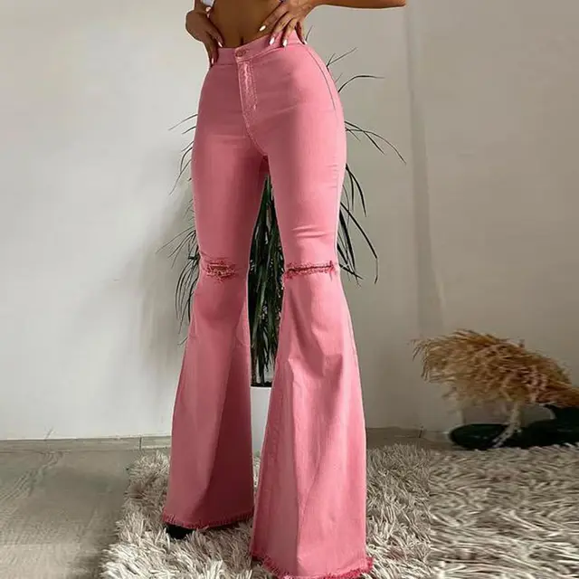 Colored Stretch Denim Trousers With Ripped Frayed Flared Trousers Pink - Shop at LoveMi
