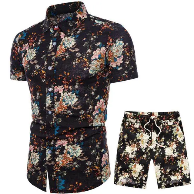 Foreign Trade New Style Men's Casual Suit Ethnic Style Large Size Short sleeved Flower Shirt Pointed Collar Casual Shorts Suit - Shop at LoveMi