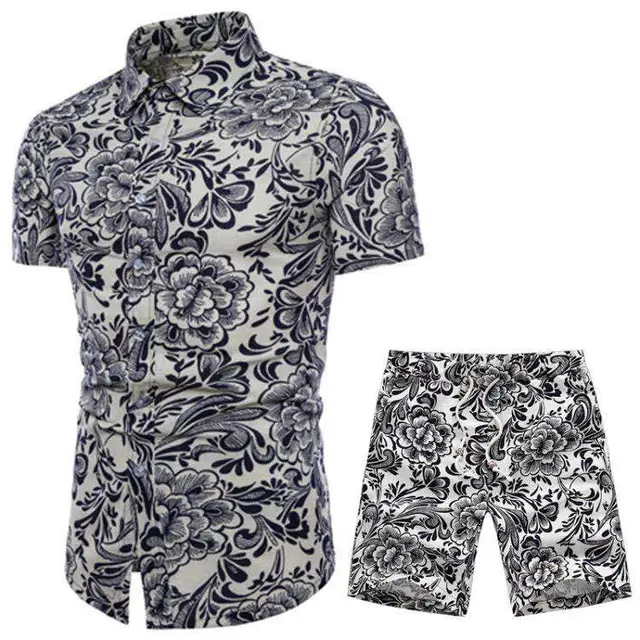 Foreign Trade New Style Men's Casual Suit Ethnic Style Large Size Short sleeved Flower Shirt Pointed Collar Casual Shorts Suit G - Shop at LoveMi