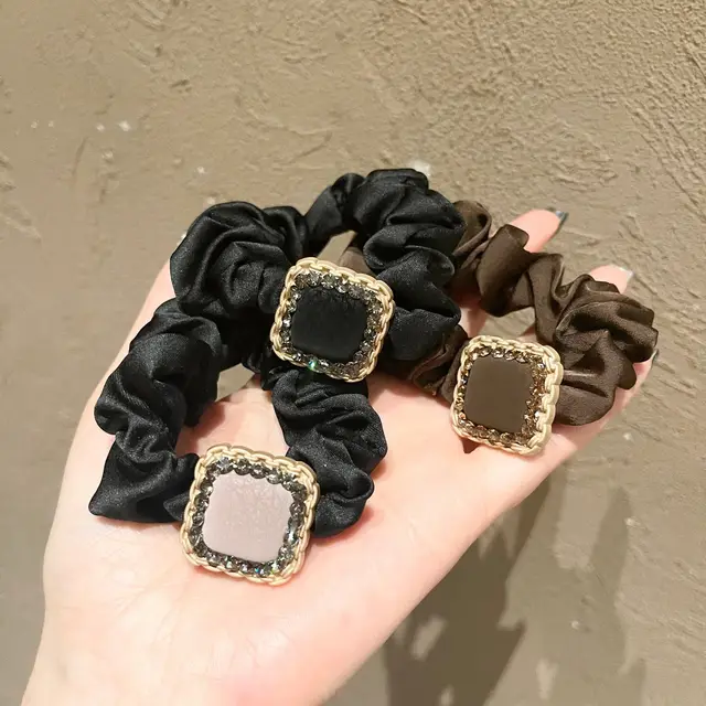 Leather Square Rhinestone Hair Ring Forest Temperament Large Intestine Ring Coffee - Shop at LoveMi