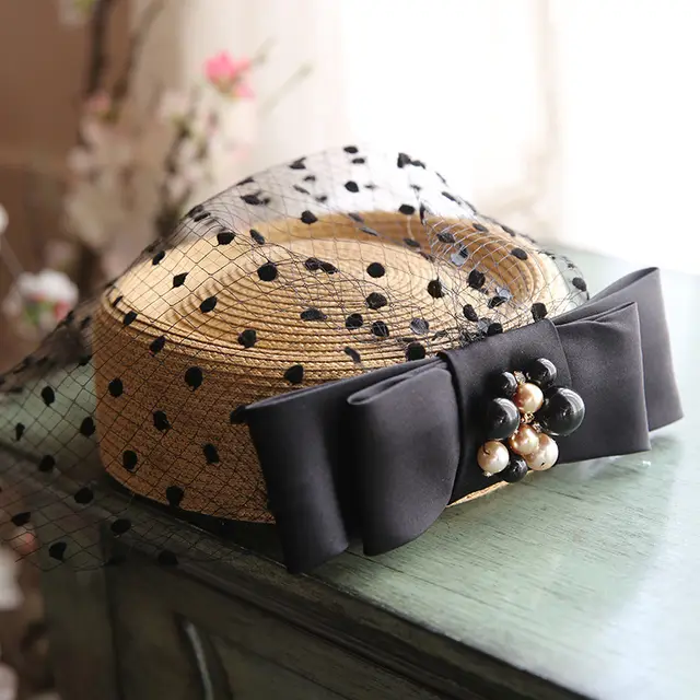 Vintage Straw Handmade Bow Black Dot Veil Small Top Hat Camel - Shop at LoveMi