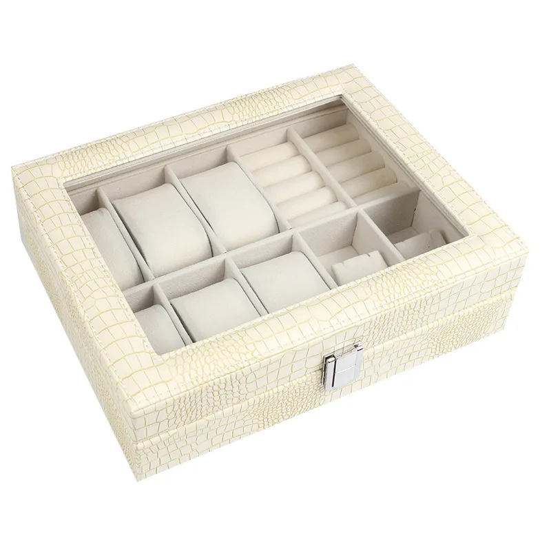 Large-capacity Simple Leather Transparent Sunroof 6-digit Watch Box - Apricot