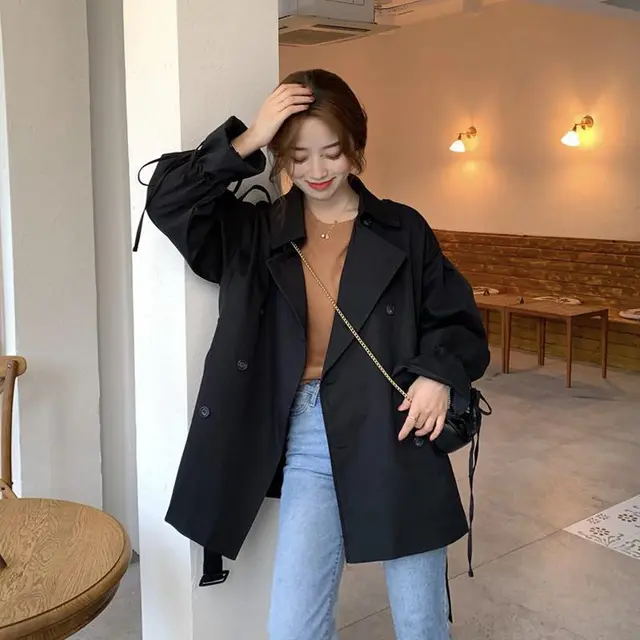 New Lantern Sleeve Loose Black Windbreaker Women's Wild Mid length Coat Black - Shop at LoveMi