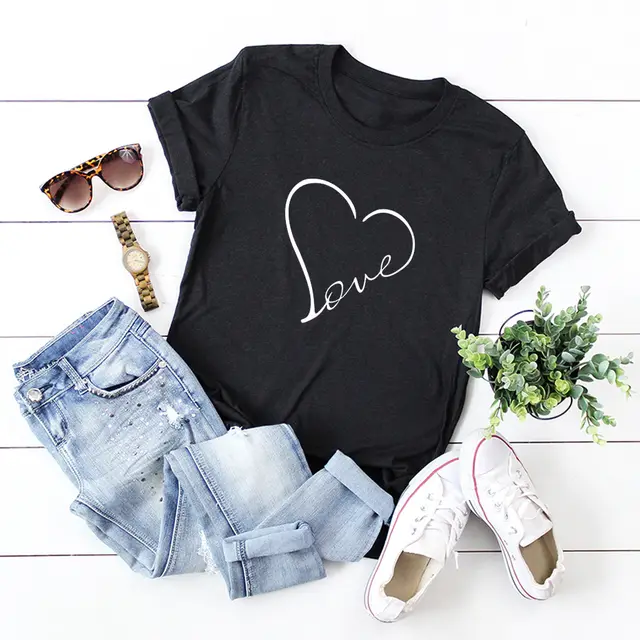 Heart shaped Love Print Short sleeved T shirt Women Black - Shop at LoveMi