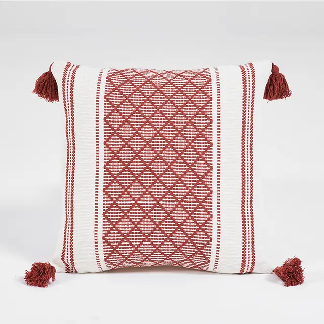 Geometric Woven Jacquard Tassel Cushion Cover Red - Shop at LoveMi