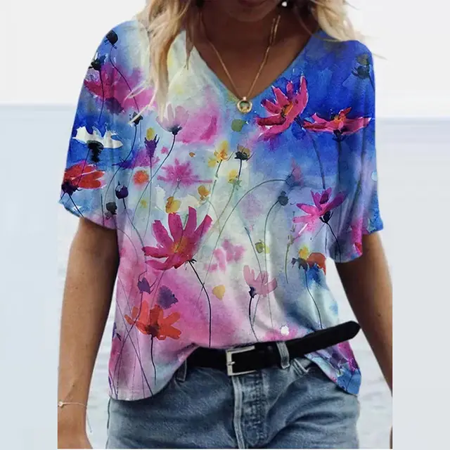 Women's New Watercolor Landscape Floral Print V Neck Short Sleeved T Shirt 1.Style - Shop at LoveMi