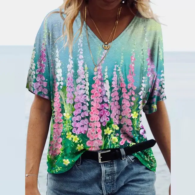 Women's New Watercolor Landscape Floral Print V Neck Short Sleeved T Shirt 2.Style - Shop at LoveMi
