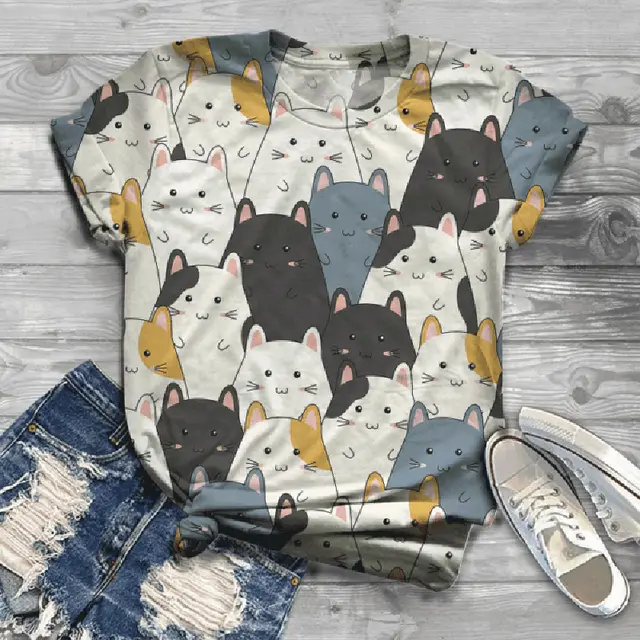 Fashion Digital Cat Print Female T Short Sleeve 7 Style - Shop at LoveMi