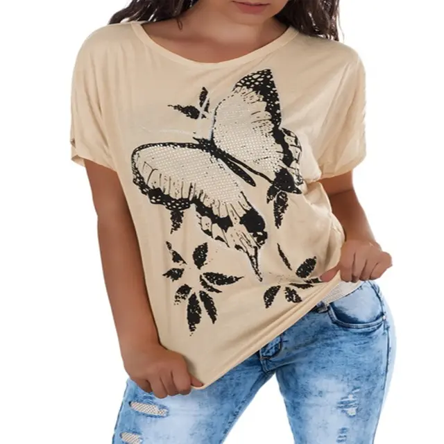 Pullover Round Neck Loose fit Women's T shirt Apricot - Shop at LoveMi