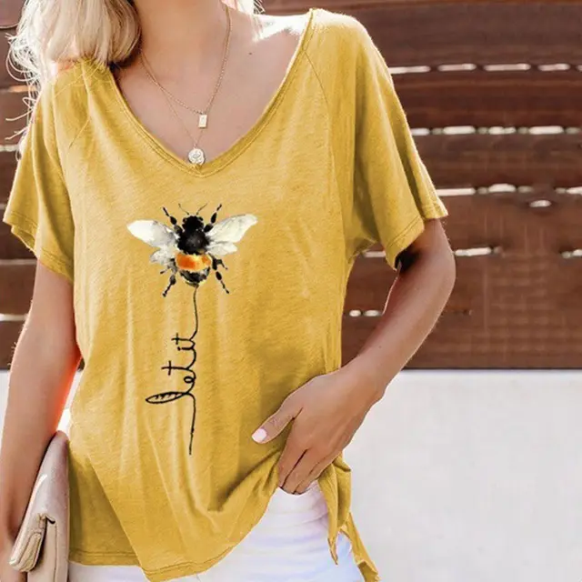 Women's Round Neck New Short Sleeved T Shirt Printing Top Yellow - Shop at LoveMi