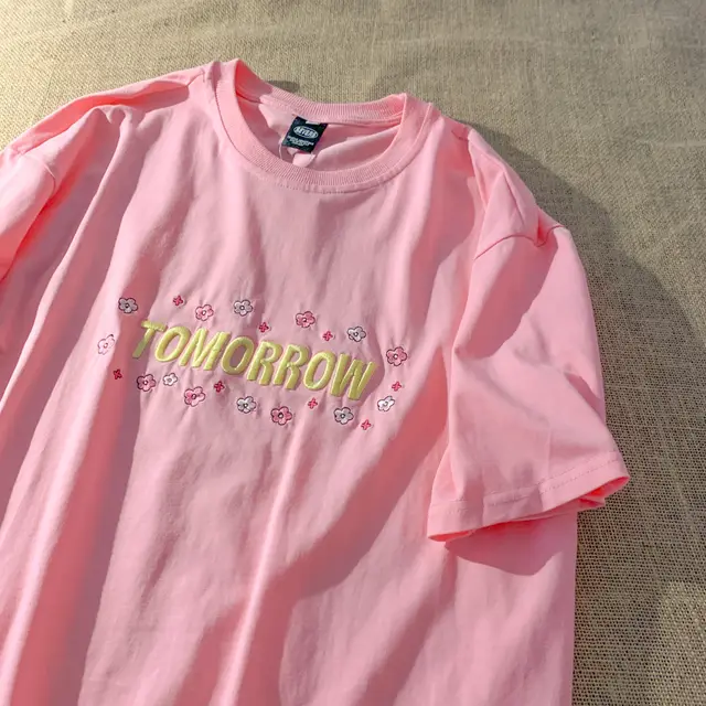 Loose Harajuku Style Letter Embroidery Short sleeved Korean Style Loose Pink - Shop at LoveMi