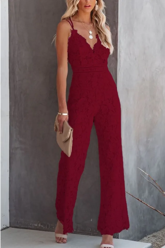 Solid Color Lace Stitching Sleeveless Casual Suspender Jumpsuit Red - Shop at LoveMi