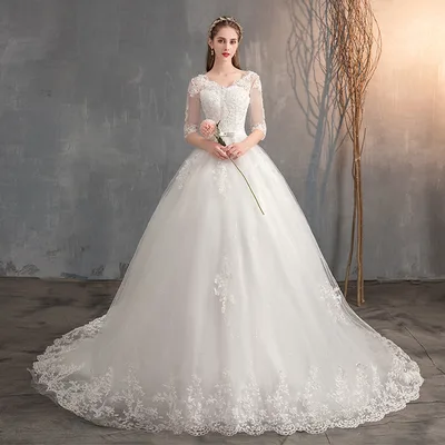 Wedding Dress Trailing Deep V Neck Lace High Waist Wedding Dress Long Sleeves White With All Sides - Shop at LoveMi