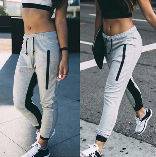 Women's Fashion Zipper Decoration Strappy Casual Pants Grey - Shop at LoveMi