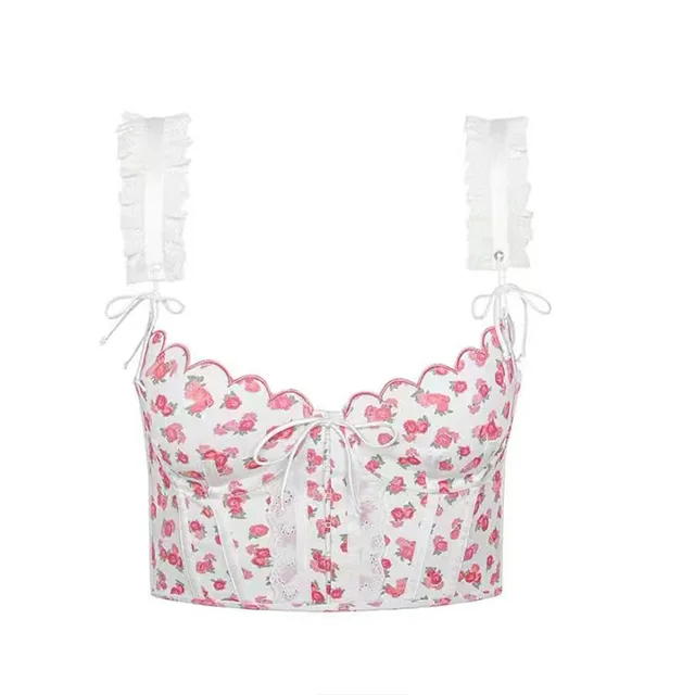 Romantic Rose Floral Sexy Corset Embroidered Ruffled Shoulder Strap Camisole White - Shop at LoveMi