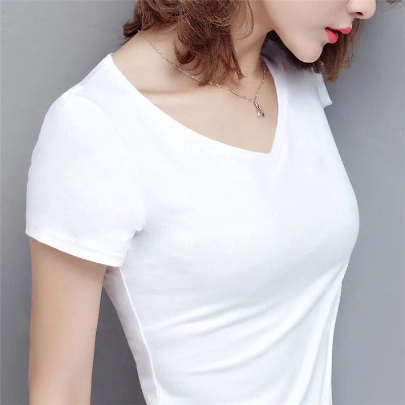 S 5XL Women's Cotton T shirt Summer V neck Tops Tees Female White - Shop at LoveMi