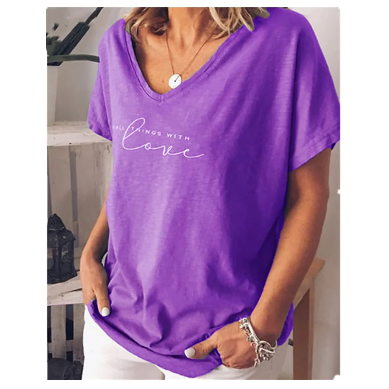 Summer New Loose Women's Printed Letter T Shirt Purple - Shop at LoveMi