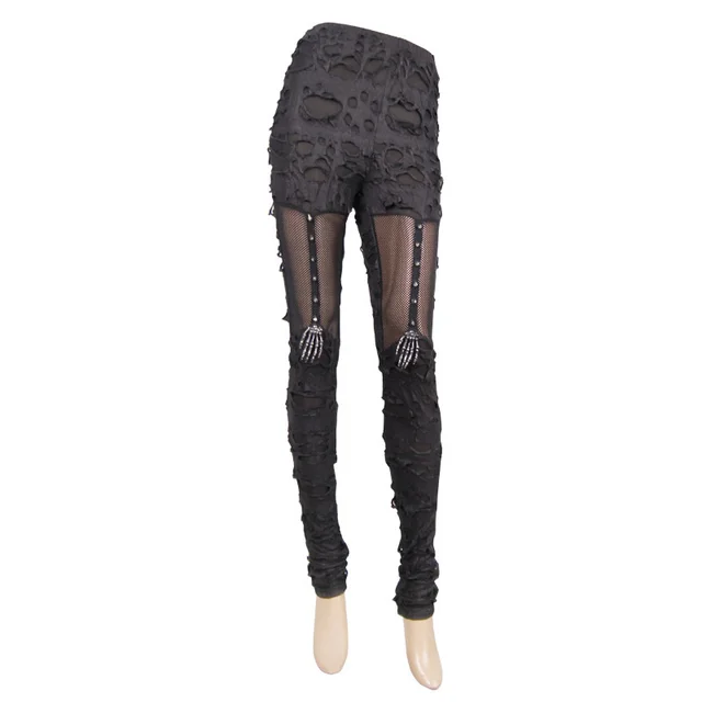 Ripped Fabric And Mesh Garter Garter Shaped Ghost Claw Leggings Black - Shop at LoveMi