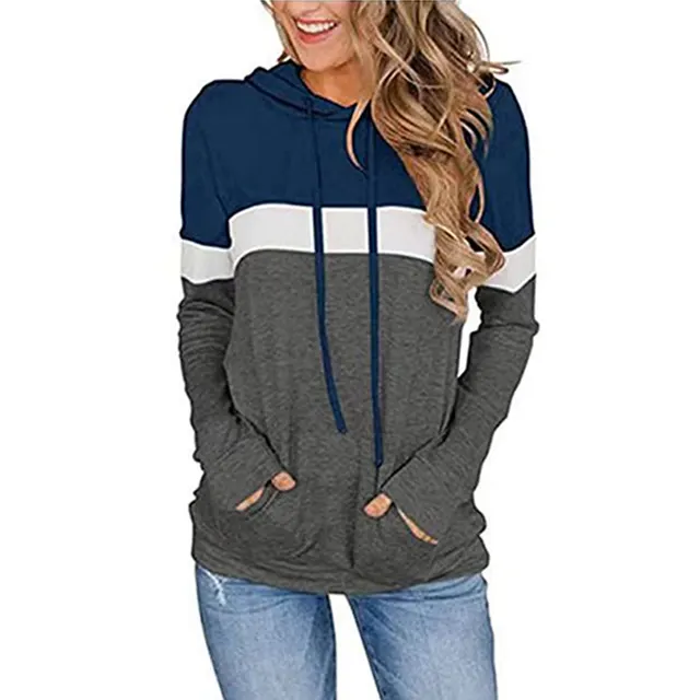 New Women's Printed Stitching Hooded Pocket Sweater Top Dark Grey Blue - Shop at LoveMi