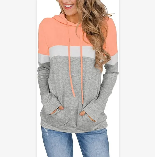 New Women's Printed Stitching Hooded Pocket Sweater Top Orange - Shop at LoveMi