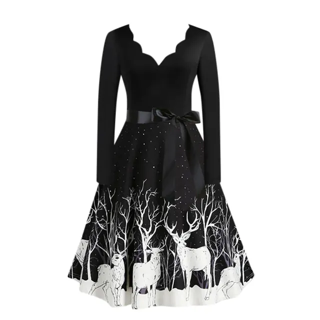 Fashion Trend Slim Fit Burnt Flower V Neck Large Swing Dress Black - Shop at LoveMi