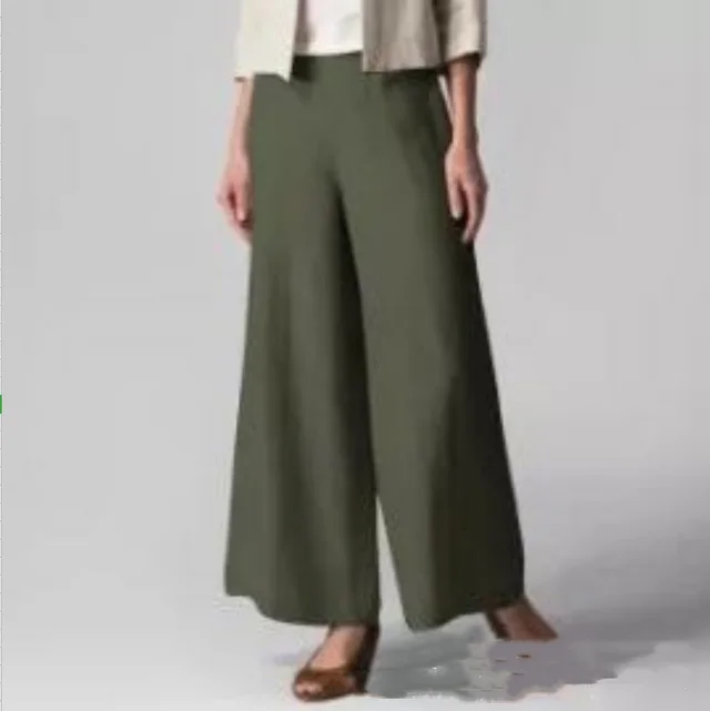 Loose Casual Women's Elastic Waist Flared Pocket Wide Leg Trousers Army Green - Shop at LoveMi