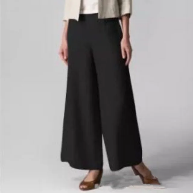 Loose Casual Women's Elastic Waist Flared Pocket Wide Leg Trousers Black - Shop at LoveMi