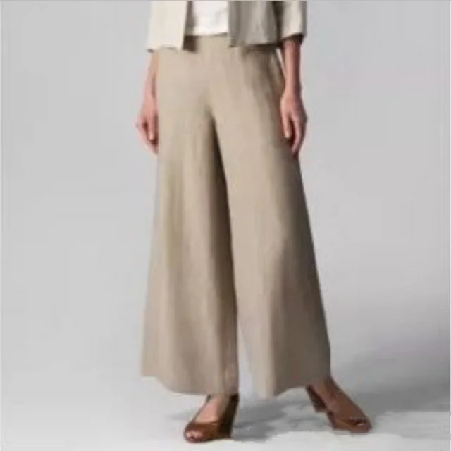 Loose Casual Women's Elastic Waist Flared Pocket Wide Leg Trousers Khaki - Shop at LoveMi