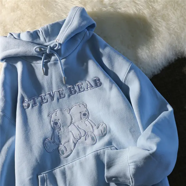 Japanese Chic Style Embroidered Bear Hooded Sweater For Women Blue - Shop at LoveMi