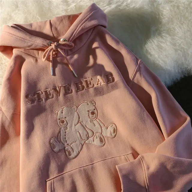 Japanese Chic Style Embroidered Bear Hooded Sweater For Women Pink - Shop at LoveMi