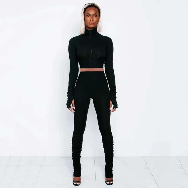 Fashion Casual Women's Pit Strip Pleated High neck Two piece Suit Black - Shop at LoveMi