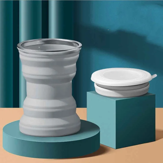 Creative Mini Folding Cup Silicone Telescopic Cup With Lid Grey - Shop at LoveMi